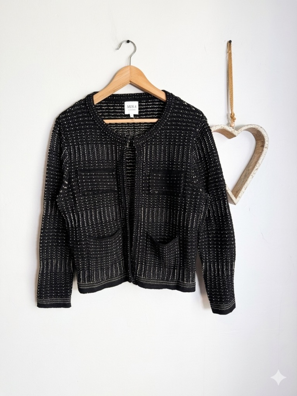 MISA Black Metallic Knit Cardigan Open Front Shimmer Sweater Jacket SMALL
